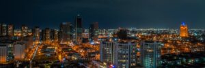 Rooftop event space in St. Louis with panoramic city views at night, offering a stunning skyline backdrop for parties, weddings, and corporate events.