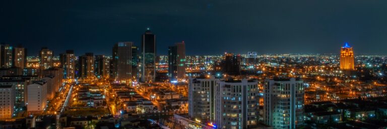 Rooftop event space in St. Louis with panoramic city views at night, offering a stunning skyline backdrop for parties, weddings, and corporate events.
